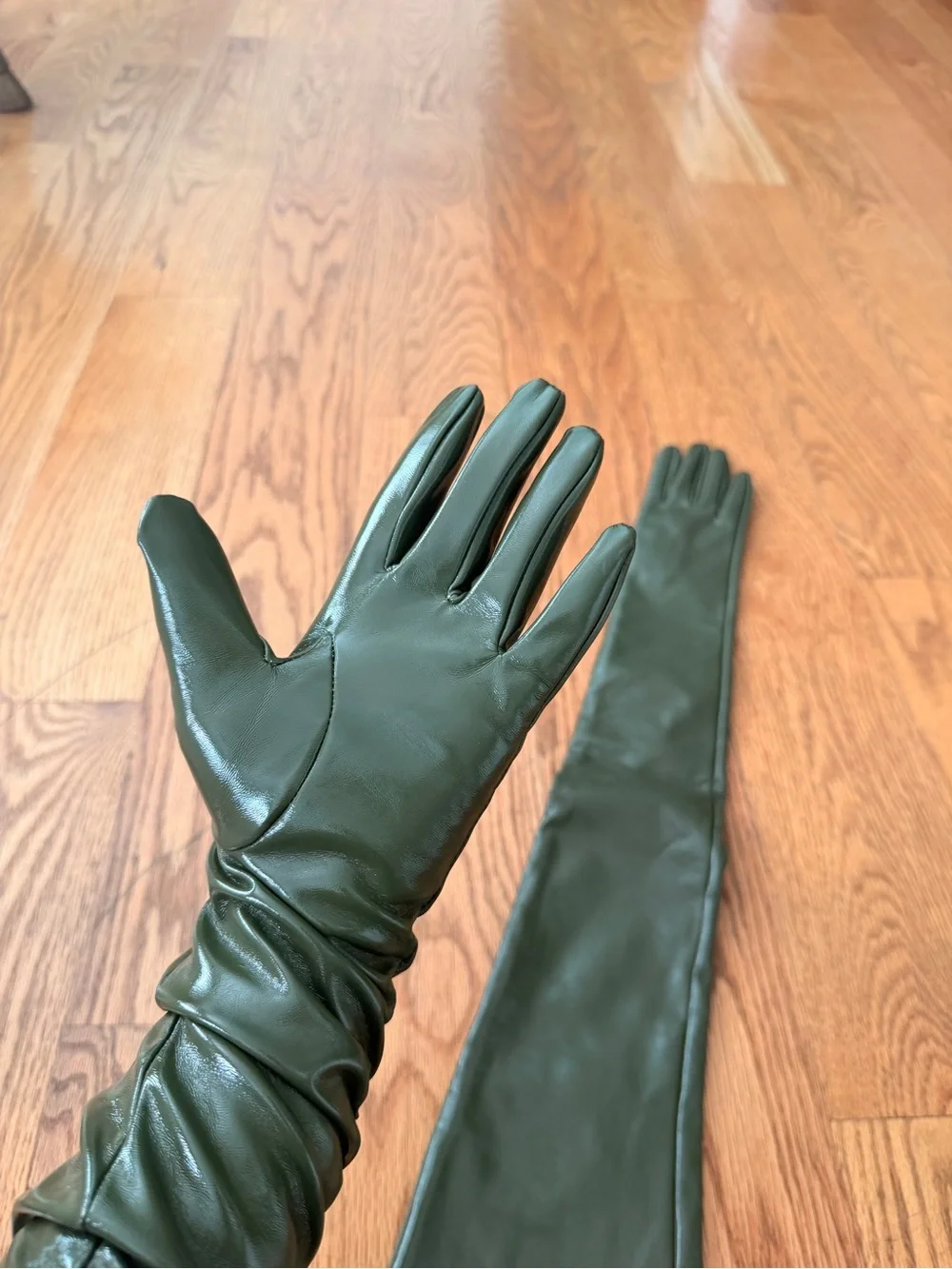 Long Military Green Leather Opera Gloves